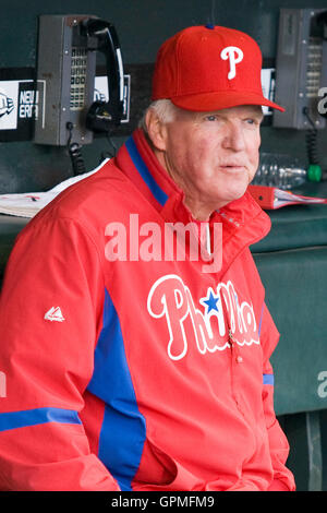 27. April 2010; San Francisco, CA, USA;  Philadelphia Phillies Manager Charlie Manuel (41) vor dem Spiel gegen die San Francisco Giants im AT&T Park. San Francisco besiegte Philadelphia 6-2. Stockfoto