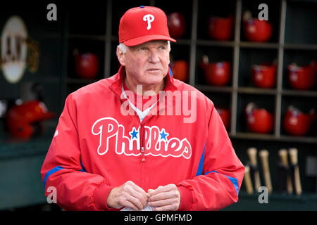 27. April 2010; San Francisco, CA, USA;  Philadelphia Phillies Manager Charlie Manuel (41) vor dem Spiel gegen die San Francisco Giants im AT&T Park. San Francisco besiegte Philadelphia 6-2. Stockfoto