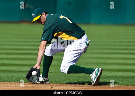 7. Mai 2010; Oakland, Kalifornien, USA;  Oakland Athletics zweiter Basisspieler Adam Rosales (7) vor dem Spiel gegen die Tampa Bay Rays in Oakland-Alameda County Coliseum. Tampa Bay besiegten Oakland 4-1. Stockfoto