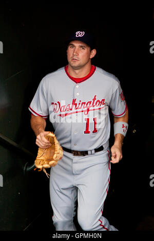 26. Mai 2010; San Francisco, CA, USA;  Washington Nationals dritte Baseman Ryan Zimmerman (11) vor dem Spiel gegen die San Francisco Giants im AT&T Park.  Washington besiegt San Francisco 7-3. Stockfoto