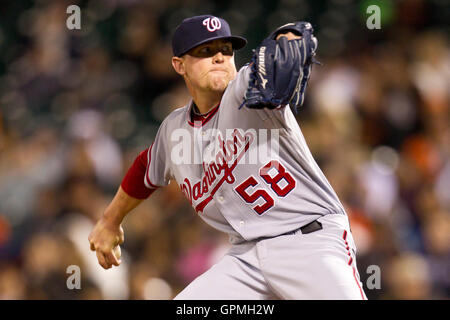 26. Mai 2010; San Francisco, CA, USA;  Washington Nationals Entlastung Krug Zack Segovia (58) während der siebten Inning gegen die San Francisco Giants im AT&T Park. Stockfoto