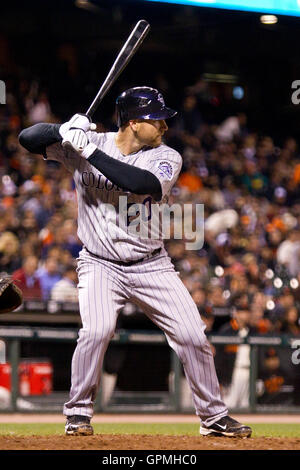 Juni 2010; San Francisco, CA, USA; Chris Iannetta (20) der Colorado Rockies im siebten Inning im AT&T Park gegen die San Francisco Giants. San Francisco besiegte Colorado mit 4:1. Stockfoto