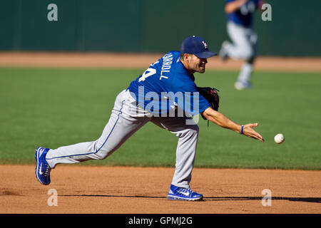 29. Juni 2010; San Francisco, CA, USA;  Los Angeles Dodgers Shortstop Jamey Carroll (14) vor dem Spiel gegen die San Francisco Giants im AT&T Park. Stockfoto