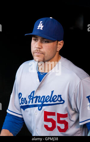 29. Juni 2010; San Francisco, CA, USA;  Los Angeles Dodgers Catcher Russell Martin (55) vor dem Spiel gegen die San Francisco Giants im AT&T Park. Stockfoto