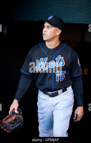 15. Juli 2010; San Francisco, CA, USA;  New York Mets center Fielder Carlos Beltran (15) vor dem Spiel gegen die San Francisco Giants im AT&T Park.  San Francisco besiegt New York 2: 0. Stockfoto