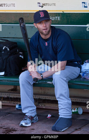 19. Juli 2010; Oakland, Kalifornien, USA;  Boston Red Sox zweiter Basisspieler Dustin Pedroia (15) vor dem Spiel gegen die Oakland Athletics im Oakland-Alameda County Coliseum. Boston besiegten Oakland 2-1. Stockfoto
