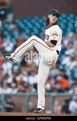 September 1, 2010; San Francisco, Ca, USA; San Francisco Giants Kruges Tim Lincecum (55) Plätze gegen die Colorado Rockies im zweiten Inning bei AT&T Park. Stockfoto