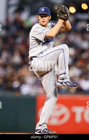 14. September 2010; San Francisco, CA, USA;  Ab Los Angeles Schwindler Krug Clayton Kershaw (22) Stellplätze gegen die San Francisco Giants im ersten Inning im AT&T Park. Stockfoto