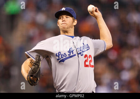 14. September 2010; San Francisco, CA, USA;  Ab Los Angeles Schwindler Krug Clayton Kershaw (22) Stellplätze gegen die San Francisco Giants im ersten Inning im AT&T Park. Stockfoto