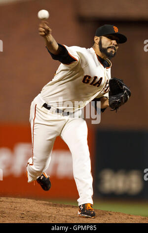 September 15, 2010, San Francisco, Ca, USA; San Francisco Giants Entlastung Krug sergio Romo (54) Plätze gegen die Los Angeles Dodgers während des achten Inning bei AT&T Park. Stockfoto