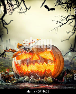 Scary Halloween-Kürbis mit grauen Hintergrund. Leeren Raum für text Stockfoto