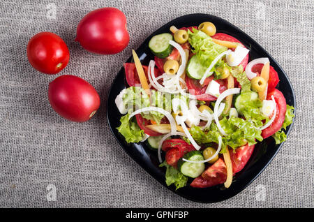 Draufsicht auf einen kleinen Teller mit Salat, hergestellt aus natürlichen rohes Gemüse und Feta Käse closeup Stockfoto