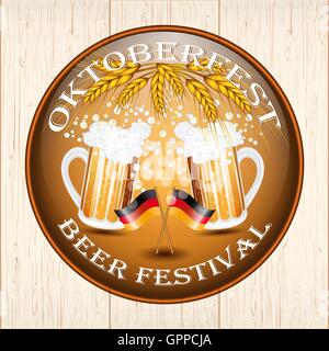 Vintage styled Emblem mit Gläser Bier und zwei deutsche Fahnen für das Oktoberfest. Vector Illustration. Stock Vektor