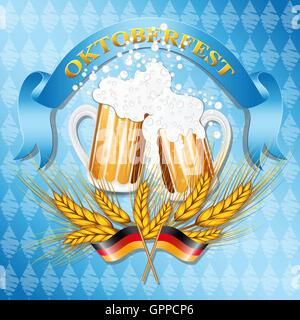 Vintage styled Emblem mit Gläser Bier und zwei deutsche Fahnen für das Oktoberfest. Vector Illustration. Stock Vektor