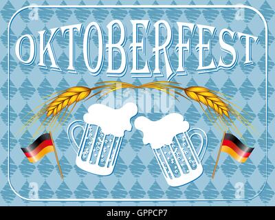 Vintage styled Emblem mit Gläser Bier und zwei deutsche Fahnen für das Oktoberfest. Vector Illustration. Stock Vektor