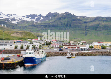 Blick auf isländischen Kleinstadt unter Bergen von Port mit vertäuten Fischerbooten. Grundarfjordur Snaefellsnes Halbinsel Island Stockfoto