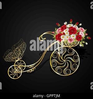 Gold Fahrrad mit einem Korb voller Blumen Stock Vektor
