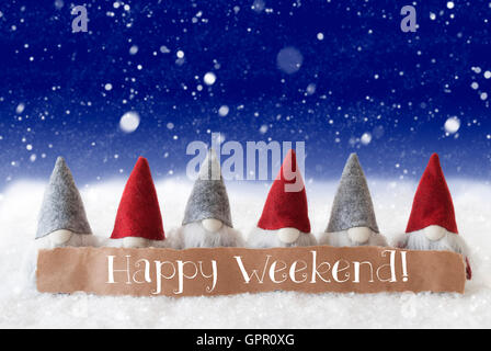 Zwerge, blauer Hintergrund, Schneeflocken, Text Happy Weekend Stockfoto