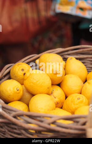 Frische gelbe Zitronen in einen Korb mit Obst auf einem Bauernmarkt Stockfoto