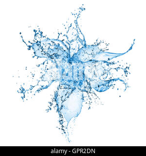 blaue Blume Wasser spritzt isolierten auf weißen Hintergrund Stockfoto