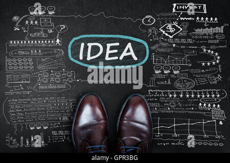 Idee-Wort und Business-Schuhe an Tafel Stockfoto