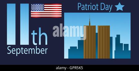 Vektor-Patriot Tag mit Usa Flagge und Twin Towers auf blauem Hintergrund. Stock Vektor