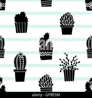 Handgezeichnete nahtlose Muster mit schwarzen sukkulenten Pflanzen auf einem gestreiften weißen und hellen blauen Hintergrund. Stock Vektor