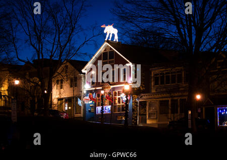 Ein beleuchteter Elch steht Wache auf dem Dach, wie Weihnachtslichter die Fassade Geddy Kneipe in Bar Harbor, Maine umreißen. Stockfoto