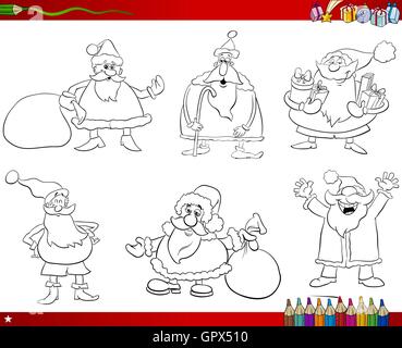 Malvorlagen Cartoon Buchillustration des schwarz / weiß Set mit Santa Claus Zeichen auf Weihnachten Stock Vektor