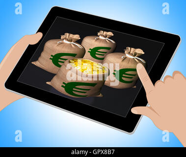 Säcke mit Münzen zeigt die europäische Wirtschaft und Einsparungen Tablet Stockfoto