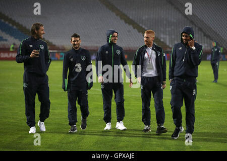 Republik Irland (L - R) Jeff Hendrick, Wes Hoolahan, Robbie Brady, Paul McShane und Cyrus Christie vor der 2018 FIFA World Cup Qualifikationsspiel, Gruppe D im Stadium Rajko Mitic, Belgrad. Stockfoto