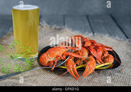 Gekochte Krabben mit Zitrone, Dill und Bier Stockfoto