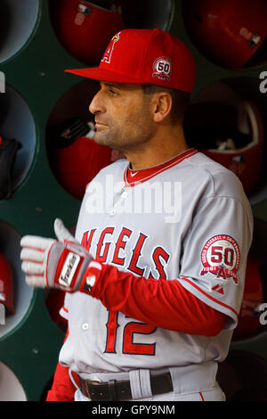 17. Mai 2011; Oakland, Kalifornien, USA; Los Angeles Angels dritten Base Trainer Dino Ebel (12) steht auf der Trainerbank vor dem Spiel gegen die Oakland Athletics im Oakland-Alameda County Coliseum. Oakland besiegte Los Angeles 14-0. Stockfoto