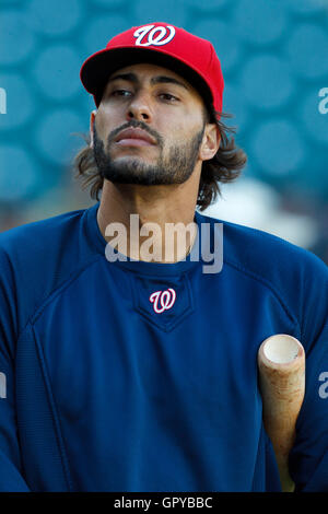 7. Juni 2011; San Francisco, CA, USA;  Washington Nationals linker Feldspieler Michael Morse (38), während mit der Wimper Praxis vor dem Spiel gegen die San Francisco Giants im AT&T Park. Washington besiegt San Francisco 2: 1. Stockfoto