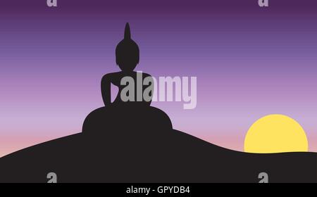 Sonnenuntergang und Big Buddha auf Berg-Vektor-Illustration Stock Vektor