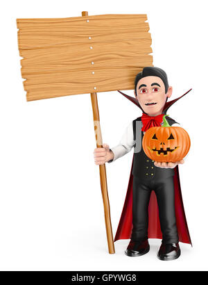 3D Halloween Menschen Abbildung. Lustige Monster. Vampir mit einem leeren Holzschild und ein Kürbis. Isolierten weißen Hintergrund. Stockfoto