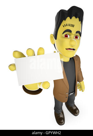 3D halloween People Illustration. Komisches Monster mit einer leeren Karte. Isolierter weißer Hintergrund. Stockfoto