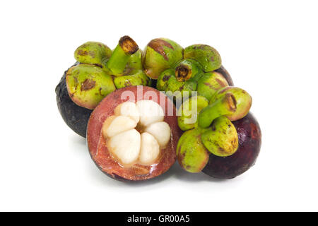 Mangostan (andere Namen sind Garcinia Mangostana, Clusiaceae, Saptree, lila Mangostan, Affe Obst, Malpighiales) mit Obst Stockfoto