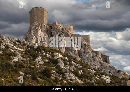 Queribus, die letzte Festung der Katharer, Languedoc-Roussillon, Frankreich. Stockfoto