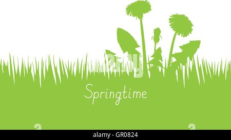 Leichte grüne Frühling Hintergrund mit Löwenzahn und Grass silhouette Stock Vektor