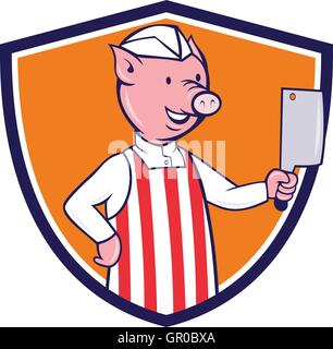 Abbildung von einem Metzger Schweinehaltungsbetrieb Fleischerbeil angesehen von vorne innen Schild Wappen auf isolierte Hintergrund getan im Cartoon-Stil festgelegt. Stock Vektor