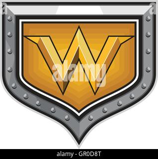 Darstellung des Buchstabens W in Gold im Inneren Schild Wappen im retro-Stil gemacht. Stock Vektor