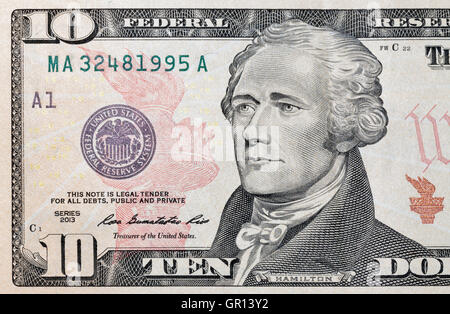 Porträt der US-Präsident Alexander Hamilton auf zehn-Dollar-Banknote Note, Vorderseite Vorderseite, Makro Stockfoto