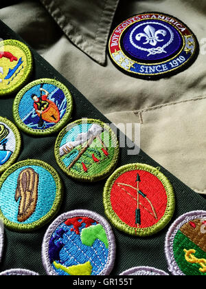 Merit Badge Schärpe, Pfadfinder von Amerika, USA Stockfoto