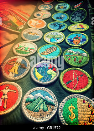 Merit Badge Schärpe, Pfadfinder von Amerika, USA Stockfoto