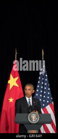 Hangzhou, China. 05. Sep, 2016. US-Präsident Barack Obama spricht auf einer Pressekonferenz nach dem G20-Gipfel in Hangzhou, China, 5. September 2016. Die Gruppe von 19 führenden Industrie- und Schwellenländer Länder sowie die Europäische Union (G20), trafen sich am 04 und 5. September 2016 in der östlichen chinesischen Stadt Hangzhou. Foto: BERND VON JUTRCZENKA/Dpa/Alamy Live-Nachrichten Stockfoto