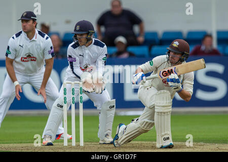 London, UK. 6. September 2016. Rory Burns Wimper für Surrey am ersten Tag der Specsavers County Championship Division One Spiel gegen Hampshire im Oval. David Rowe/Alamy Live News. Stockfoto