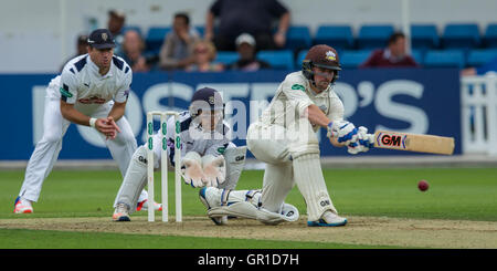 London, UK. 6. September 2016. Rory Burns fegt Batting für Surrey am ersten Tag gegen Hampshire Specsavers County Championship Division One Match im Oval. David Rowe/Alamy Live News. Stockfoto