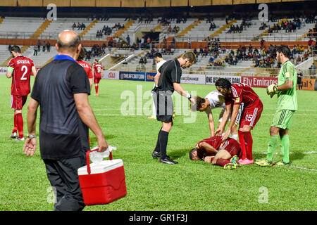 Seremban, Malaysia. 6. September 2016. OSAMA OMARI Syriens auf dem Spielplatz während der 2018 FIFA World Cup Qualifikation Fußballspiel zwischen Südkorea und Syrien am Tuanku Abdul Rahman Stadion in Seremban am 6. September 2016 liegen. Bildnachweis: Chris JUNG/Alamy Live-Nachrichten Stockfoto