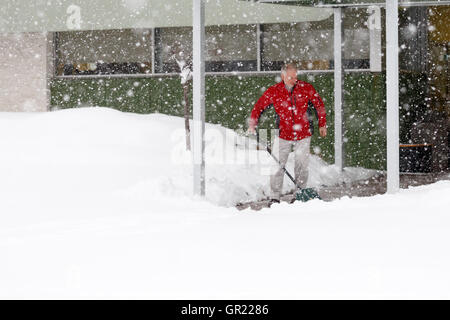 Mann Schneeschaufeln aus einem Bürgersteig während eines Schneesturms März in Wisconsin. Stockfoto